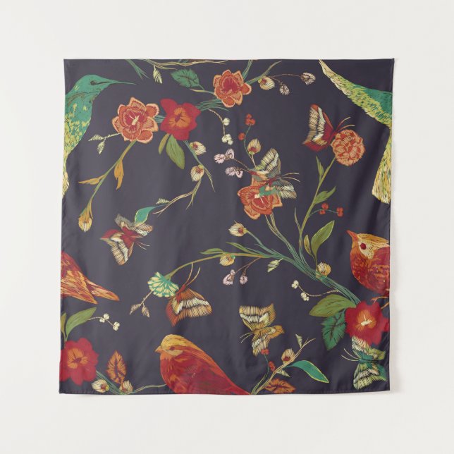 Tapiz Pájaro vintage, mariposa, acuarela de bordado. (Anverso)