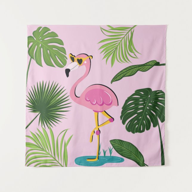Tapiz Palm Flamingo deja diseño tropical (Anverso)