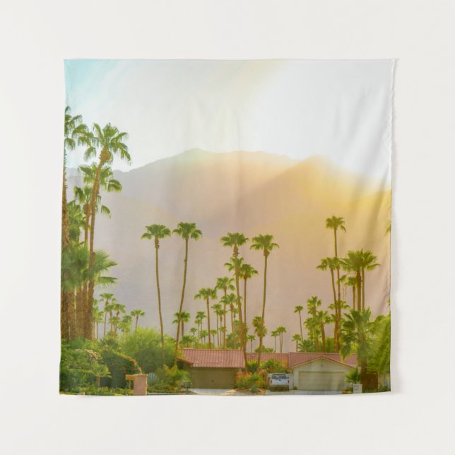 Tapiz Palm Springs sunset day with mountains and palm tr (Anverso)