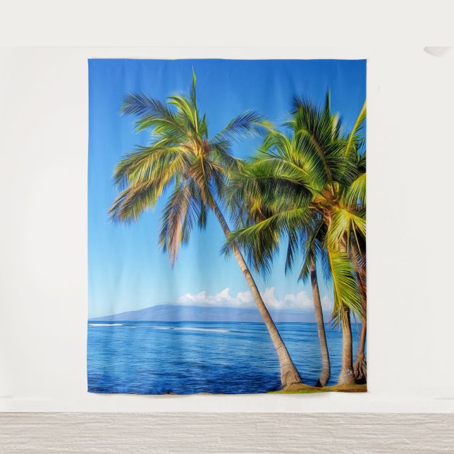 Tapiz Palmeras tropicales y Molokini desde Maui Hawaii (Anverso)