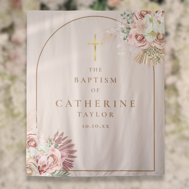 Tapiz Pampas Grass Pink Gold Arch Baptism Foto Fondo (Pampas Grass Pink Gold Arch Baptism Photo Backdrop)