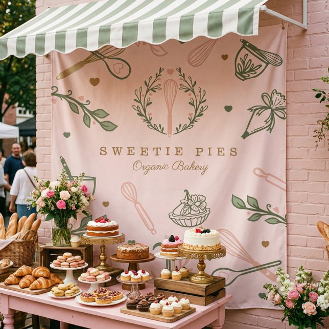 Tapiz Panadería con Utensil de horneado y cocción rosa y (Pink & Olive Green Baking & Cooking Utensil Bakery Tapestry)