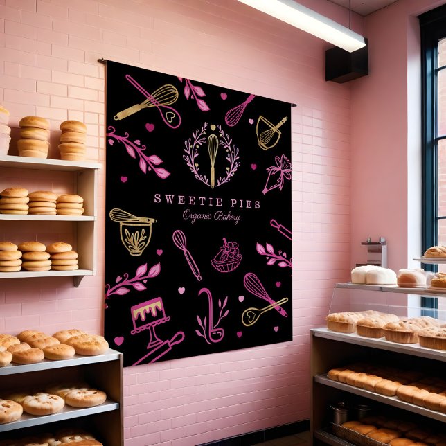 Tapiz Panadería negra, rosa y dorada y utensilios de coc (Black, Pink & Gold Baking & Cooking Utensil Bakery Tapestry)