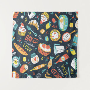 Tapiz Panadería retro sin fisuras con puntos y flores