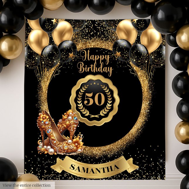 Tapiz Pancarta de 50 cumpleaños de Glam Gold High Heels (Glam Gold High Heels 50th Birthday Banner Tapestry)