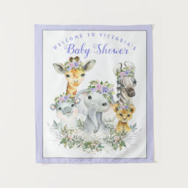 Tapiz Pancarta de Baby Shower Purple Safari con fondo