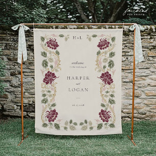 Tapiz Pancarta de bienvenida de boda floral de Borgoña