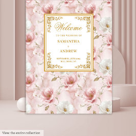 Tapiz Pancarta de boda de oro floral de marfil rosa polv