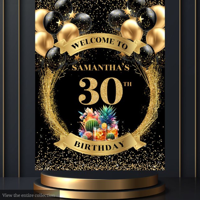 Tapiz Pancarta de Fiesta de oro negro de la moda 30 de c (Chic 30th Birthday Whiskey Black Gold Party Banner Tapestry)