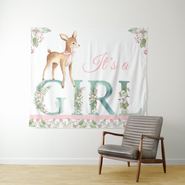 Tapiz Pancarta de fondo de chicas Woodland Deer Baby Sho (In situ (horizontal))