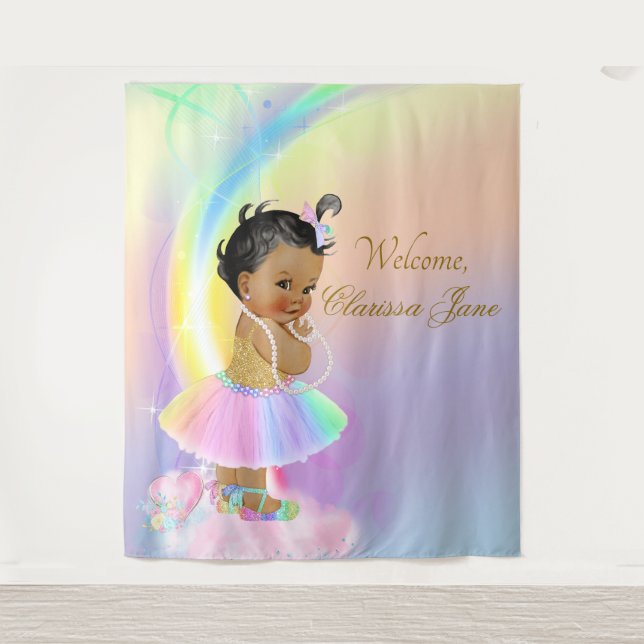 Tapiz Pancarta de fondo de fiesta de bebé arcoíris niña  (Anverso)