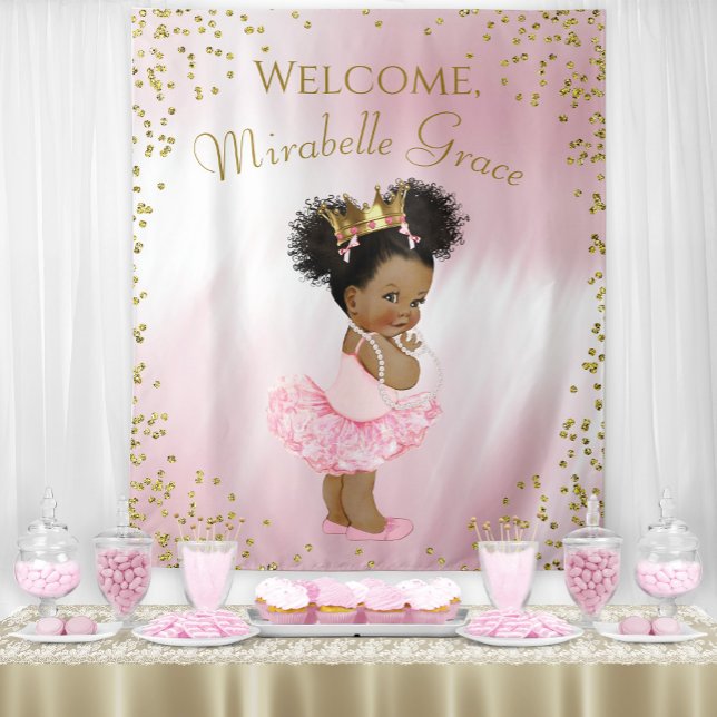 Tapiz Pancarta de fondo de fiesta de bebé de princesa Af (Cute pink and gold princess baby shower backdrop. Simply add your own text.)