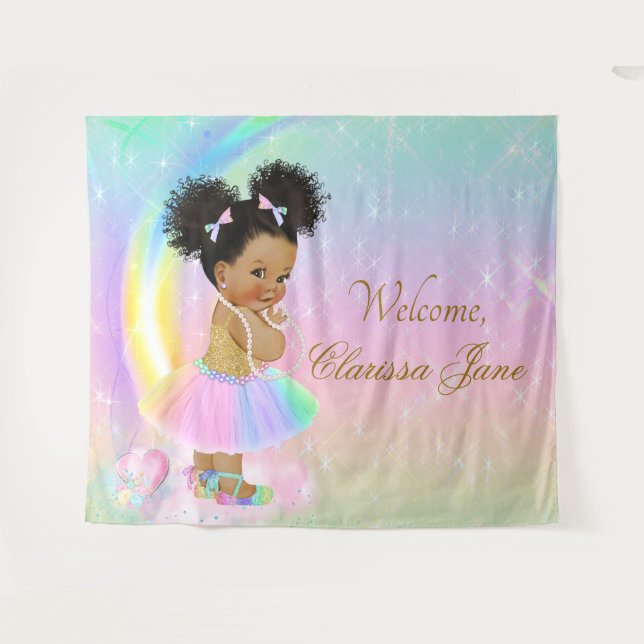 Tapiz Pancarta de fondo de Rainbow Baby Shower - Afro Ch (Anverso (horizontal))