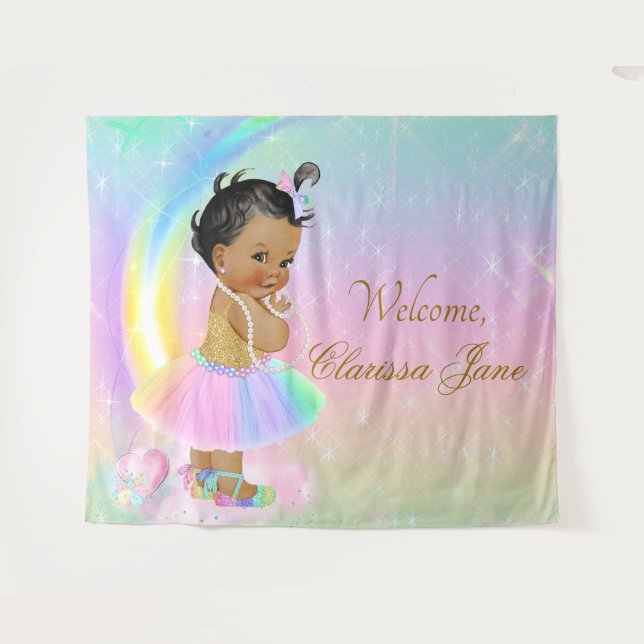 Tapiz Pancarta de fondo de Rainbow Baby Shower Chica afr (Anverso (horizontal))