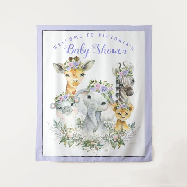 Tapiz Pancarta de fondo para baby shower Safari Purple (Anverso)