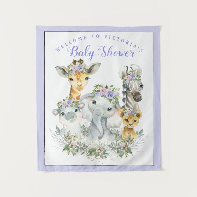 Tapiz Pancarta de fondo para baby shower Safari púrpura (Anverso)