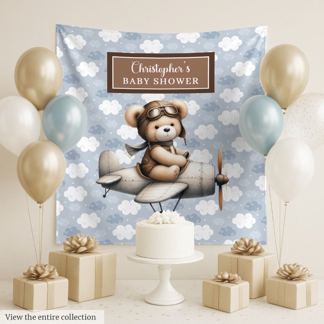Tapiz Pancarta de fotos de la ducha de bebé del piloto d (Joyful teddy bear pilot baby shower photo banner Tapestry)