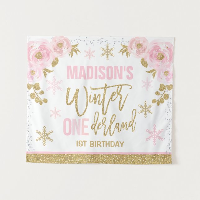 Tapiz Pancarta de invierno Onederland Rosa Primer cumple (Anverso (horizontal))