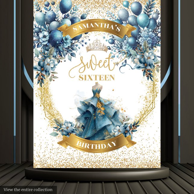 Tapiz Pancarta de oro azul dulce de 16 acuarelas (Sweet Sixteen Watercolor Blue Gold Balloon Banner Tapestry)
