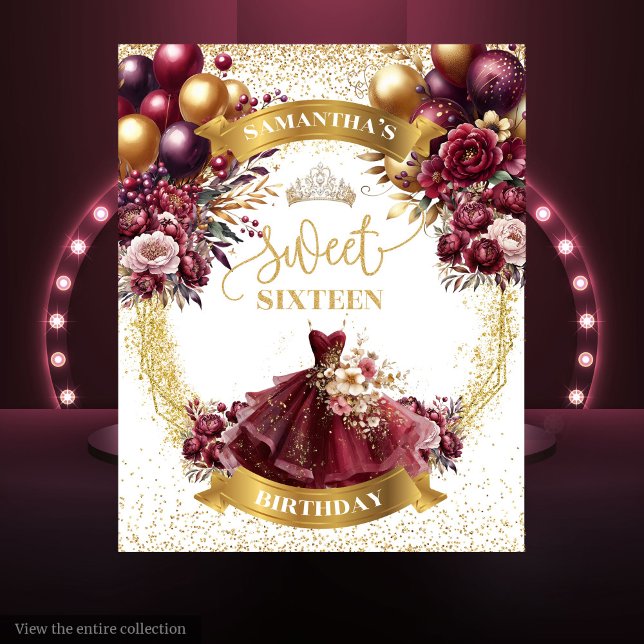 Tapiz Pancarta de oro de Borgoña con globo Purpurina 16 (Burgundy Gold Sweet 16 Banner with Glitter Balloons)