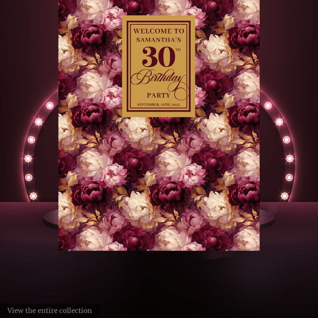 Tapiz Pancarta de oro de moda Borgoña Rubor Boho 30 cump (Chic Burgundy Blush Gold Boho 30th Birthday Banner Tapestry)