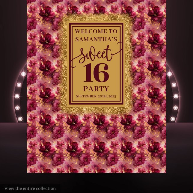 Tapiz Pancarta de oro Glamoroso Sweet 16 Rubor Burgundy (Glamorous Sweet 16 Blush Burgundy Gold Banner)