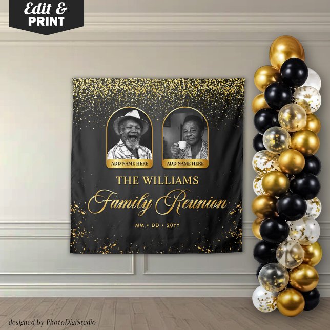 Tapiz Pancarta de Reunión Familiar personalizado, 2 foto (Custom Family Reunion Banner, 2 Photo Black Gold Tapestry)