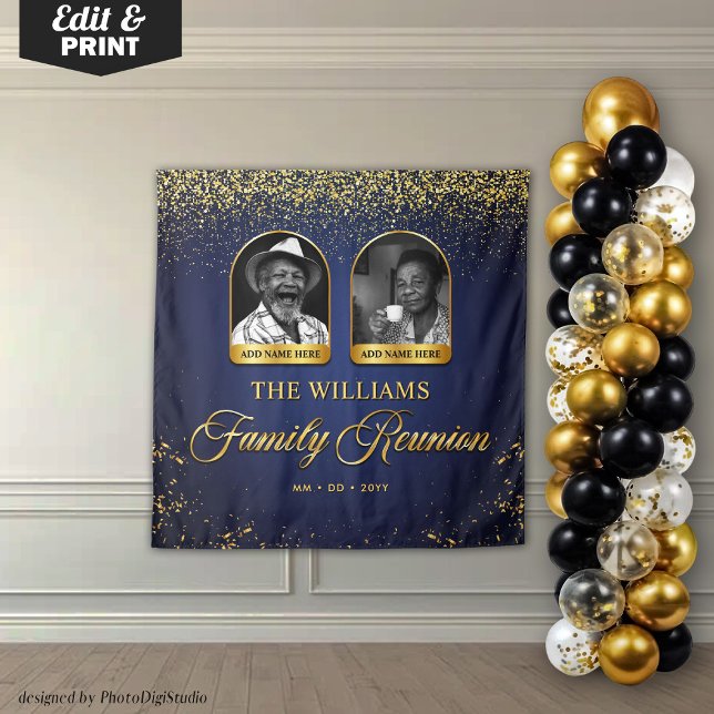 Tapiz Pancarta de Reunión Familiar personalizado, 2 Phot (Custom Family Reunion Banner, 2 Photo Blue Gold Tapestry)