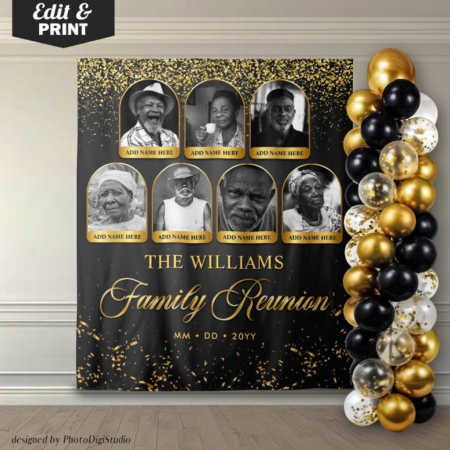 Tapiz Pancarta de Reunión Familiar personalizado, 7 foto (Custom Family Reunion Banner, 7 Photo Black Gold Tapestry)