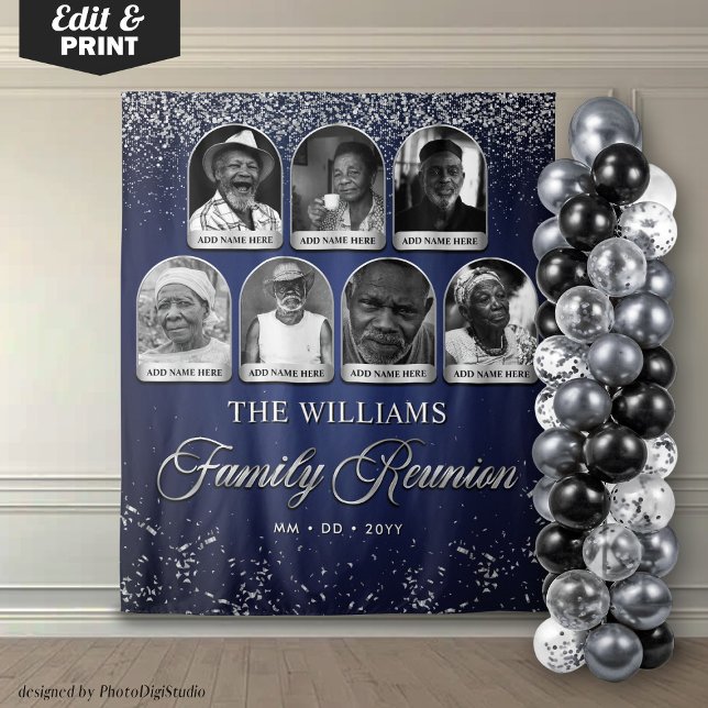Tapiz Pancarta de Reunión Familiar personalizado, 7 Plat (Custom Family Reunion Banner, 7 Photo Blue Silver Tapestry)