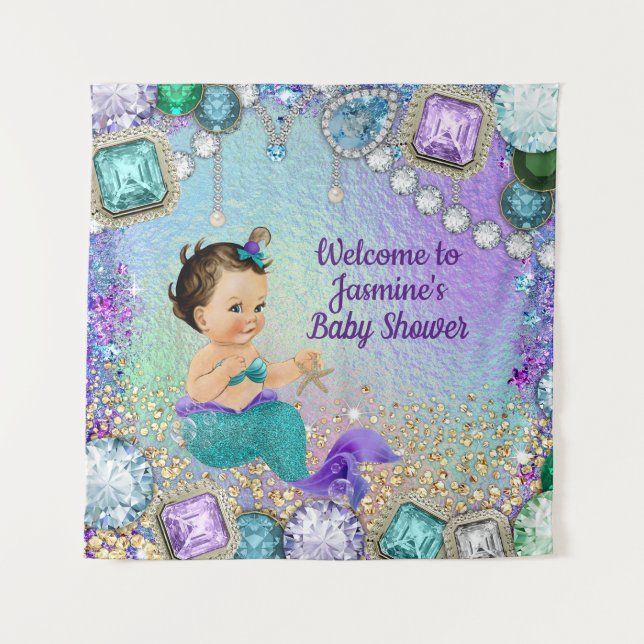 Tapiz Pancartas de fondo de Jewel Mermaid Baby Shower (Anverso)