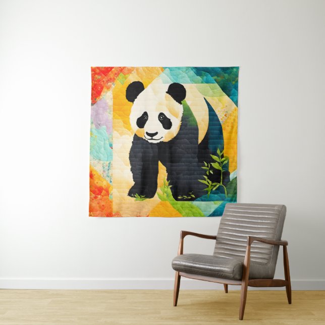 Tapiz Panda Bear Quilt Look Tapestry (In situ)