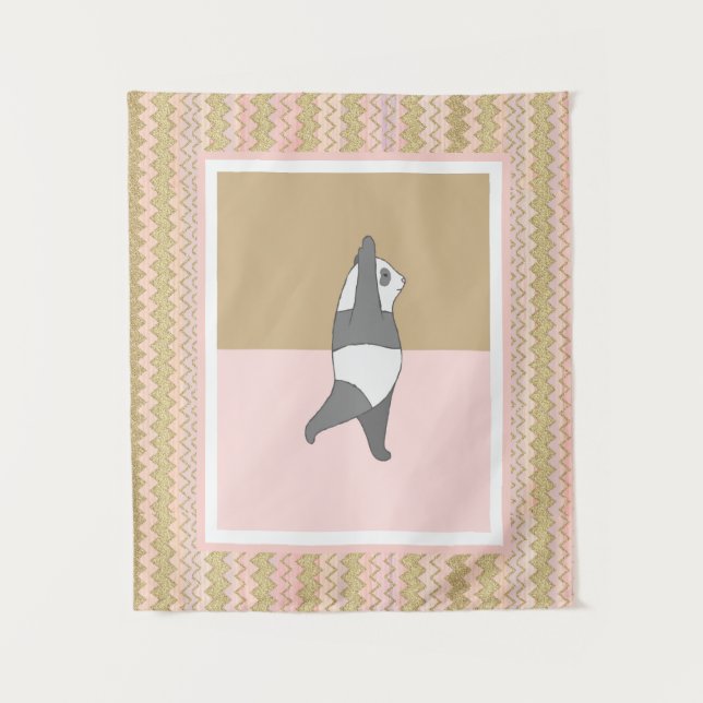 Tapiz Panda de postura de yoga Fondo zig zag rosa (Anverso)