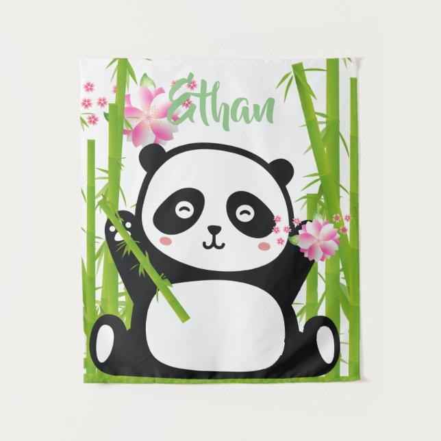 Tapiz Panda feliz con flores de bambú y cerezo (Anverso)