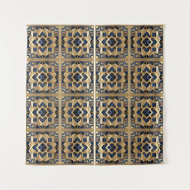 Tapiz Panel de arte geométrico marroquí de Golden Azure (Anverso (horizontal))