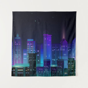 Tapiz Panorama de la ciudad nocturna con neón resplandec