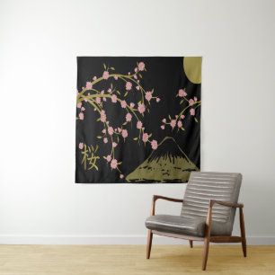Tapiz Pantalla Japonesa Rosa Sakura Dorado Negro