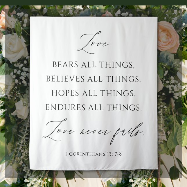 Tapiz Pañuelo de boda “El amor nunca falla” (Love Never Fails Wedding Backdrop Tapestry)
