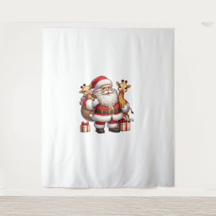 Tapiz Papá Noel norteamericano sostiene jirafa en Navida