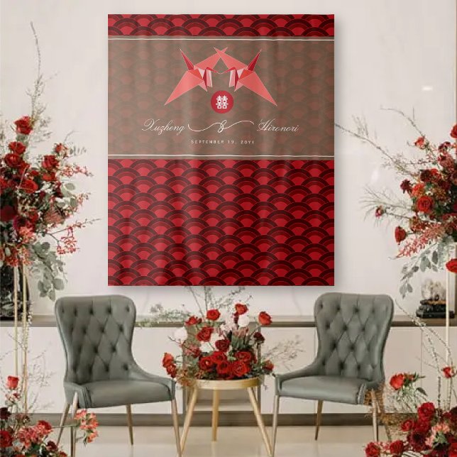 Tapiz Papel rojo grúa doble felicidad Boda fondo (Red Origami Paper Cranes Scallop Pattern, Double Happiness Chinese Wedding Photo Backdrop Tapestry)