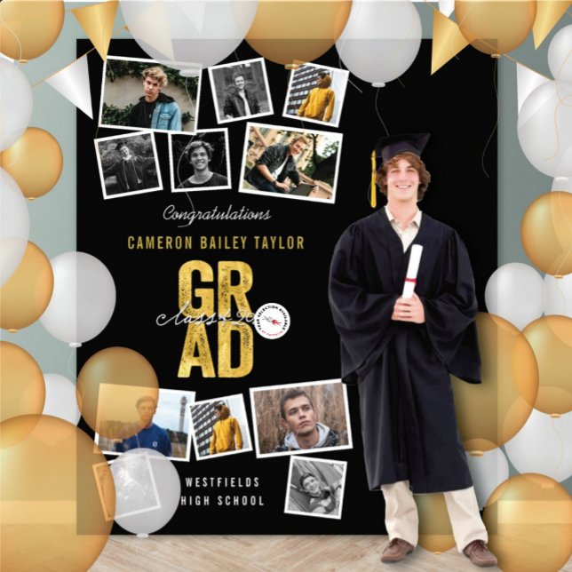 Tapiz Partido de Graduación Gold GRAD 2024 11 Foto Fondo (2025 Gold GRAD Graduation Party 11 Photo Backdrop Tapestry | fatfatin @ zazzle.com/color_therapy)