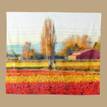 Paseando por campos de tulipanes dorados y rojos