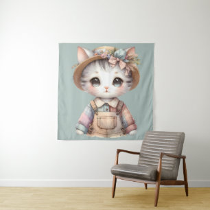 Tapiz Pastel Cottagecore Cat en overalls y Gorra de paja