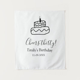 Tapiz pastel de cumpleaños treinta garabato a mano negro