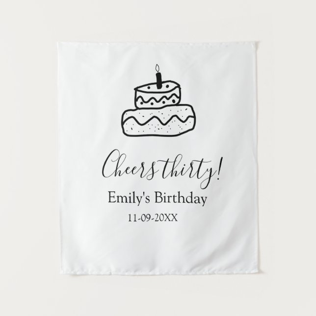 Tapiz pastel de cumpleaños treinta garabatos a mano negr (Anverso)