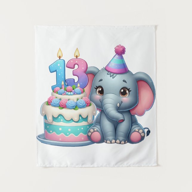 Tapiz Pastel de elefante para cumpleaños 13 (Anverso)