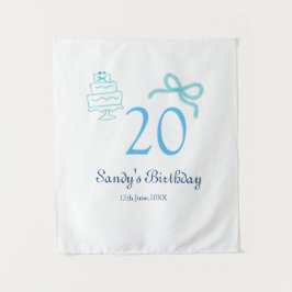 Tapiz Pastel retro fecha nombre torta lazo azul cumpleañ
