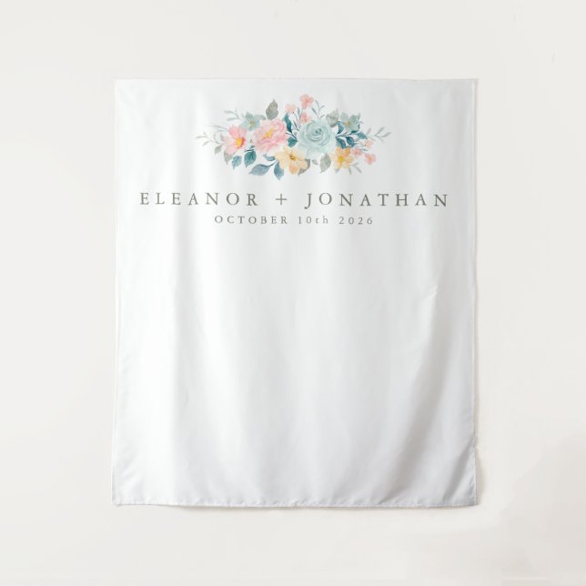 Tapiz Pastel Rosa Té Acuarela Floral Boda Personalizada  (Anverso)