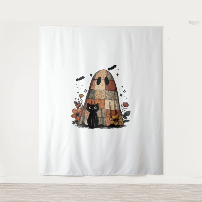 Tapiz Patchwork Halloween Ghost black cat Essential T-Sh (Anverso)