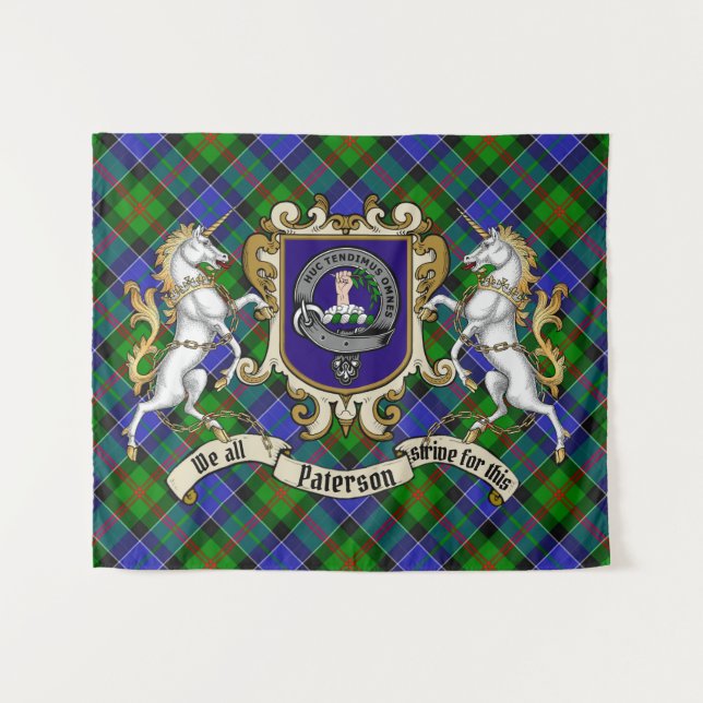 Tapiz Paterson Clan Badge & Unicorns con Tartán (Anverso (horizontal))